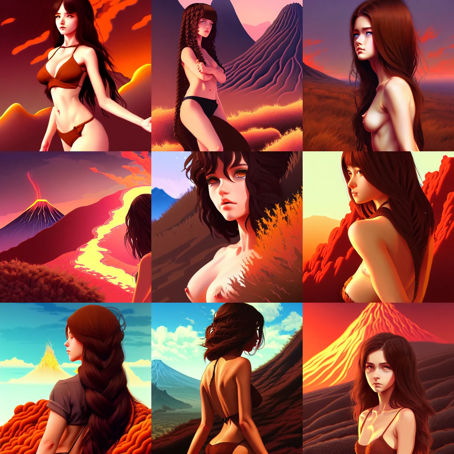 Prompt: sexy girl with braieded brown hair, highly detailed, intricate, in the style of ilya kuvshinov and wlop, blazing infero, volcano landscape