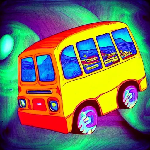 Image similar to magic school bus, trippy, instagram, beautiful, wavy bus