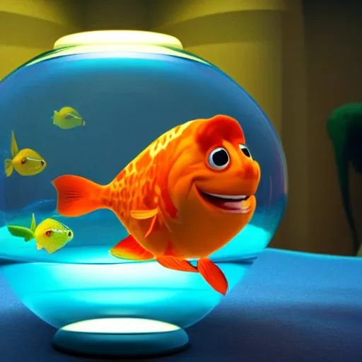 Image similar to a cinematic fill still from a 2021 Pixar movie where an anthropomorphic goldfish lives in a giant fishbowl mansion, in the style of Pixar, shallow depth of focus
