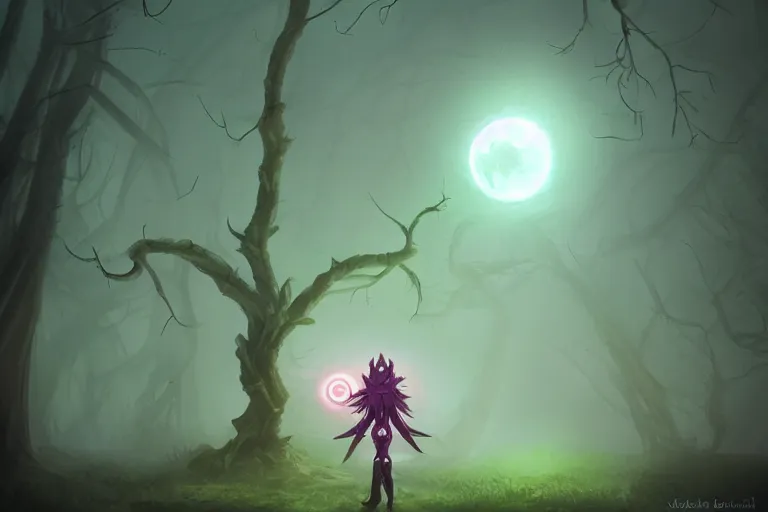 Image similar to a robotic tree humanoid, cute, dark fantasy, foggy, misty, ambient lights, dark lights, moon glow, digital art, video game character, league of legends, glows,