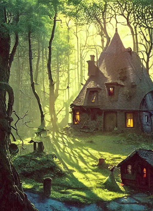 Image similar to hyper realistic witch cottage with solar panels with happy lighting and technology in the woods gorgeous lighting, sunbeams blue sky, lush forest foliage painting by zdzisław beksinski and norman rockwell and greg rutkowski weta studio, and lucasfilm