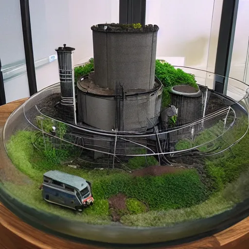 Prompt: a large terrarium with a realistic diorama of a reactor building and cooling tower inside on top of a minimalist table, lit from the side