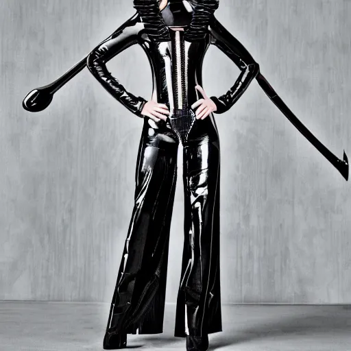 Image similar to big budget photoshoot of a model in futuristic prada clothes H 768