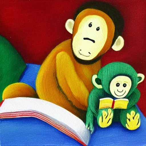 Image similar to a banana wearing a Christmas sweater reading a bedtime story to a monkey, oil painting, realistic