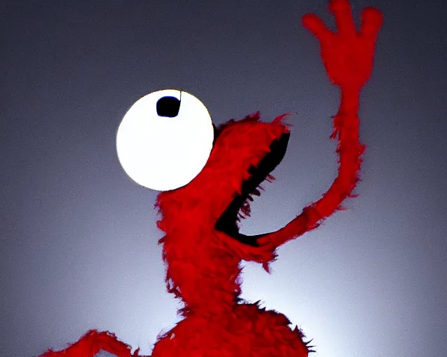 Prompt: scary elmo with long, slim, gangly arms, horror, slenderman, terror, night cam footage, red and black, wilderness