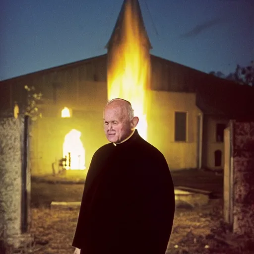 Image similar to photograph of john paul ii standing outside a small burning church with a glowing holy cross on its roof, night, black