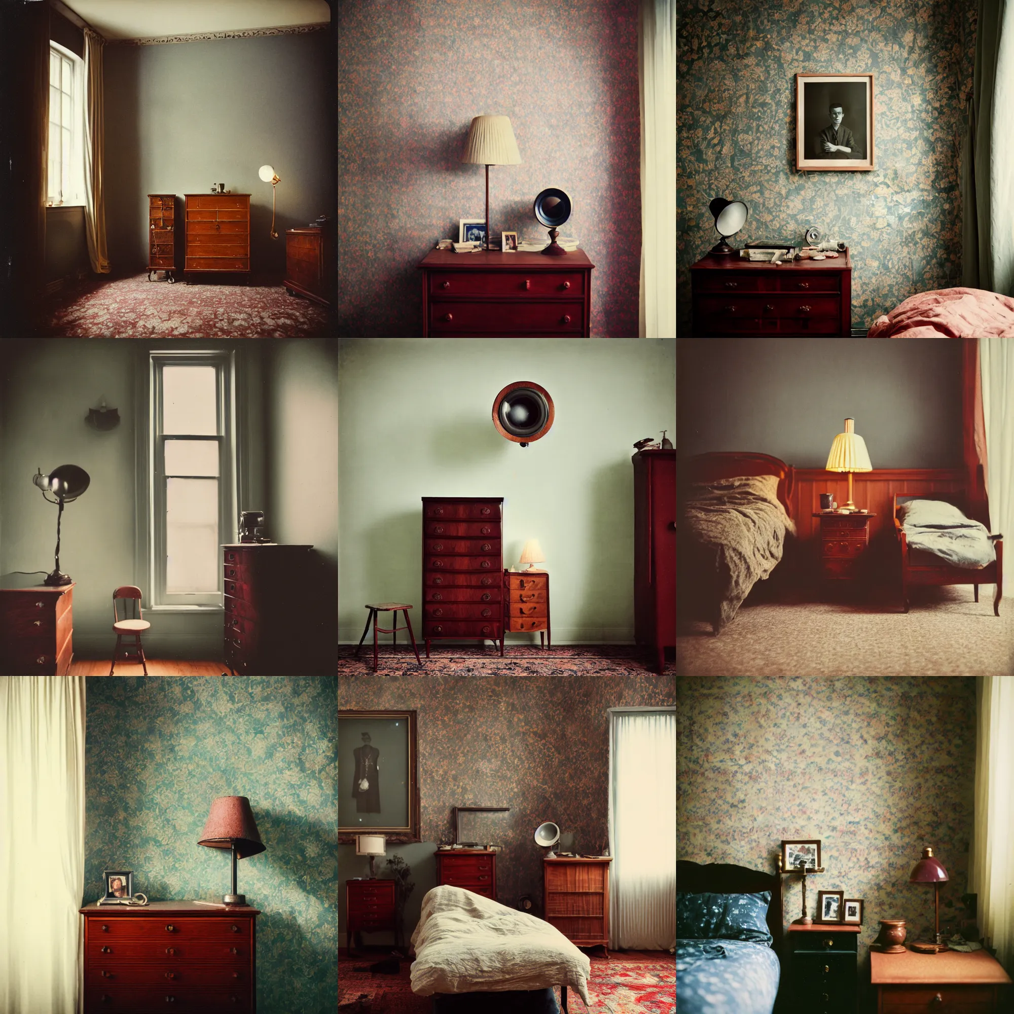 Image similar to kodak portra 4 0 0, wetplate, fisheye, award - winning portrait photo by britt marling, 1 9 2 0 s room, picture frames, 1 9 2 0 s furniture, wallpaper, carpet, shining lamp,, muted colours, blueberry, wood, fog,