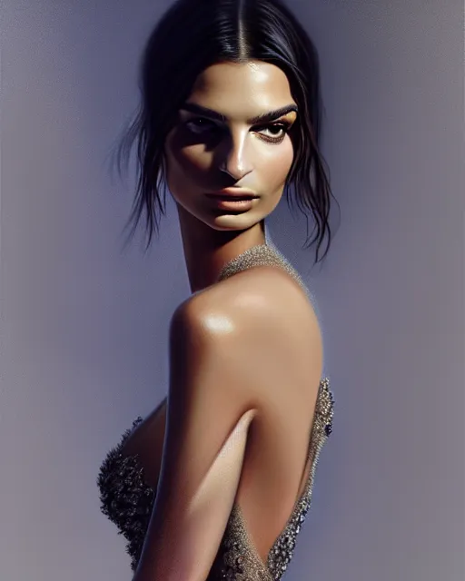 Image similar to Emily Ratajkowski, wearing an evening gown, vera wang couture, very detailed portrait, ultrarealistic, dramatic lighting, electrical details, high details, 4k, 8k, best, accurate, trending on artstation, fur, artstation, photorealism, ultrarealistic, digital painting, style of Dali, Caravaggio, Boris Vallejo