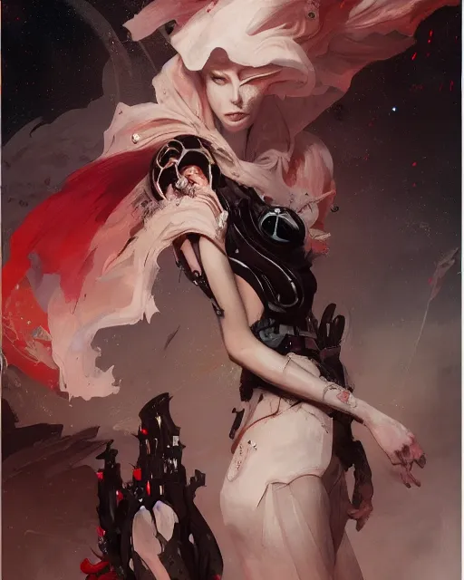 Image similar to masterpiece concept art, a beautiful highly detailed sci - fi renaissance lady, confident pose, by peter mohrbacher and jae lee, 8 k, intricate detail, cinematic lighting, red white and black colors