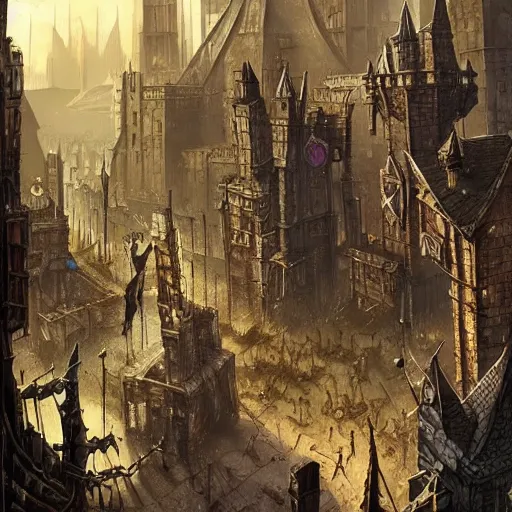 Prompt: dystopic medieval fantasy city, crowded streets, warhammer fantasy, rats