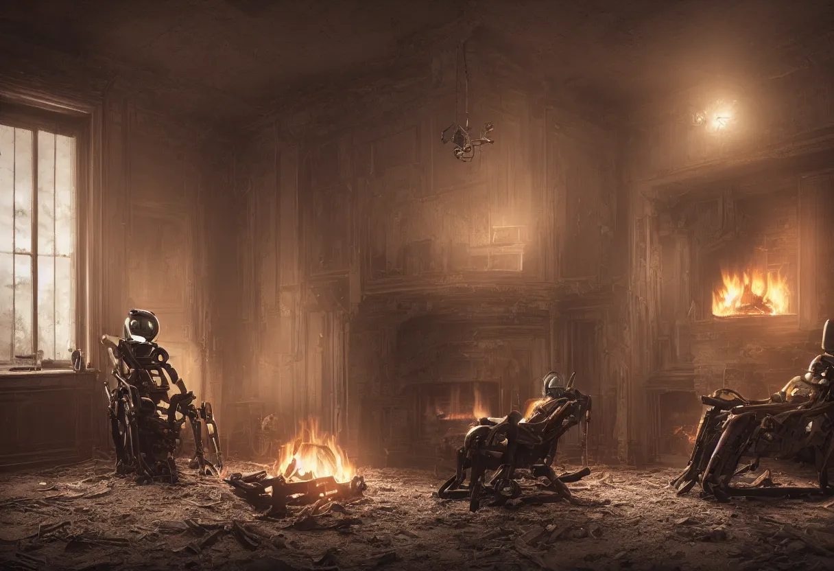 Prompt: An intimate closeup portrait photograph of a solitary futuristic robot sitting on a frayed recliner in front of a beautiful fireplace with a cozy fire, in a dilapidated steampunk Victorian home, soft morning light seeping in a window, with cinematic lighting and lens flare, tall ceiling, octane render, cgsociety, by Simon Stalenhag and Alfonso Cuaron, highly detailed close shot , award-winning highly detailed 8k anamorphic Arri Alexa Cooke cinematic movie photograph