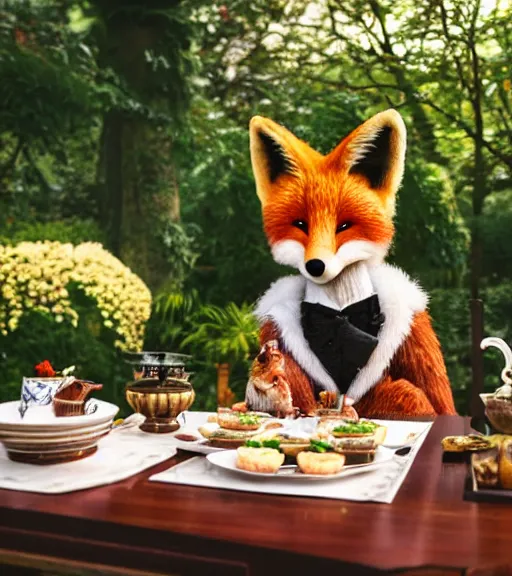 Image similar to film still from the movie chappie outdoor park plants garden scene bokeh depth of field sitting down at a table having a delicious grand victorian tea party crumpets close up masterpiece portrait of a furry anthro anthropomorphic stylized fox wearing suit