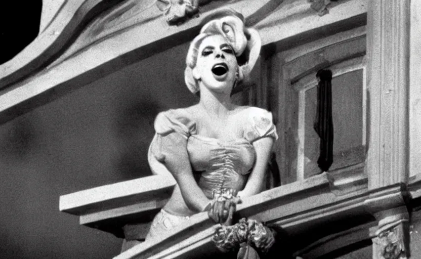 Image similar to lady gaga as Evita singing on the balcony in Evita 1996