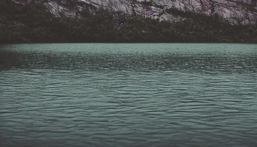 Prompt: rope floating to surface of water in the middle of the lake, overcast lake, rocky foreground, 2 4 mm leica anamorphic lens, moody scene, stunning composition, hyper detailed, color kodak film stock
