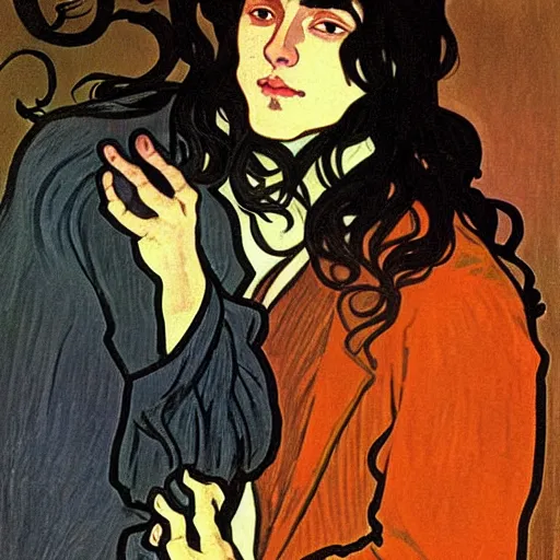 Image similar to painting of young cute handsome beautiful dark medium wavy hair man in his 2 0 s named shadow taehyung and cute handsome beautiful min - jun together at the halloween! party, bubbling cauldron!, candles!, smoke, autumn! colors, elegant, wearing suits!, delicate facial features, art by alphonse mucha, vincent van gogh, egon schiele