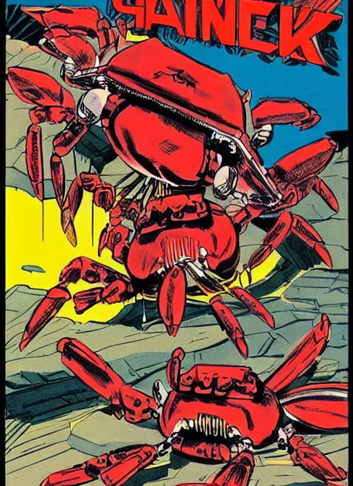 Prompt: comic book cover of a giant mechanical crab at the grand canyon by jack kirby!!! and simon bisley, epic, awesome bright color palette, hard contrast, black ink outlines