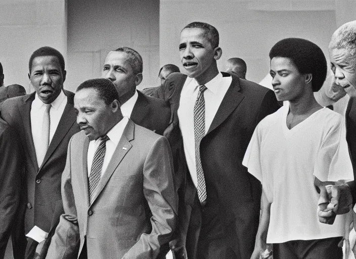 Prompt: basic pencil drawing of martin luther king, michael jackson, presidant obama and nelson mandela together uhd, ultra realistic, 4 k, movie still, detailed, sharp, real life, cinematic