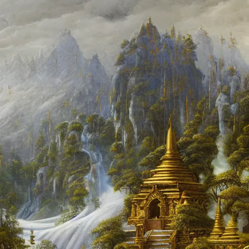 Image similar to a beautiful and highly detailed oil painting of an nepali temple in the snowy mountains, detailed trees and cliffs, forgotten valley, swirling mist, lush forests, intricate details, epic scale, insanely complex, 8 k, sharp focus, hyper realism, fantasy landscape, psychedelic, by caspar friedrich,