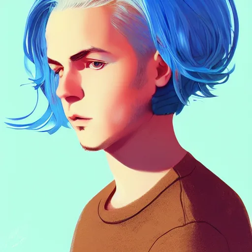 Prompt: ilya kuvshinov with long sky blue hair, gold eyes, boy face, professional digital painting, concept art, award - winning photography, cinematic, wlop, color block, pop, hip, art by andy warhol, pixiv art, yoshitaka amano