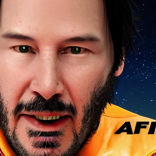 Image similar to keanu reeves in space eat ramen, full hd, octane render, unreal engine 5, ultra realistic