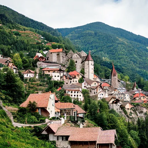 Image similar to medieval village in a mountain valley