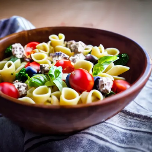 Prompt: a bunch of random food in a bowl to make some kind of pasta salad, half empty pint of beer, realistic lighting, realistic reflections