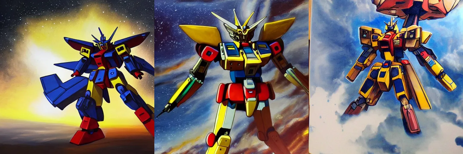 Prompt: a painting and rendering of an intricate gundam spaceship hybrid in motion