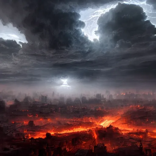 Image similar to an ancient city on fire, firestorm, a black sphere void in the center of the sky, stormy clouds, wide perspective, low perspective, burning village, highly detailed digital art, cinematic, dark moody colors, hyper realism, oil on canvas, trending on Artstation, octane render