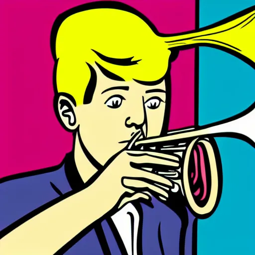 Image similar to detailed pop art comic illustration of a person playing a trumpet