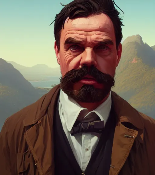 Image similar to highly detailed portrait nietzsche in gta v, stephen bliss, unreal engine, fantasy art by greg rutkowski, loish, rhads, ferdinand knab, makoto shinkai and lois van baarle, ilya kuvshinov, rossdraws, tom bagshaw, global illumination, radiant light, detailed and intricate environment