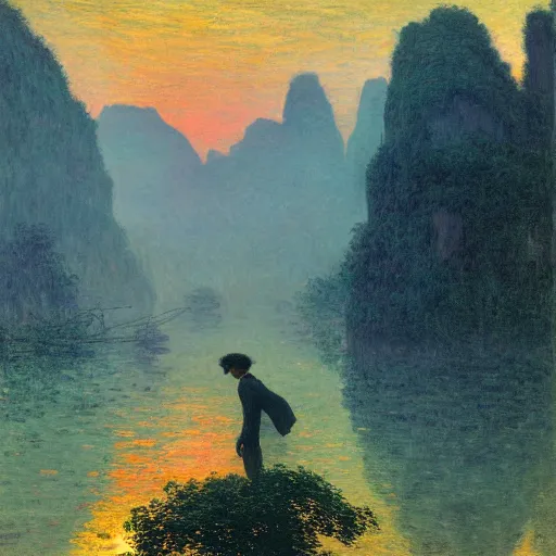 Prompt: a young man in guilin, by caspar david friedrich, by claude monet, mist, sunrise