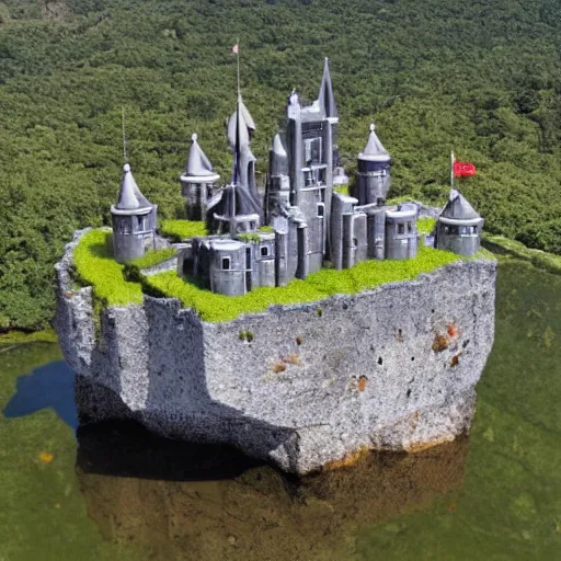 Image similar to futuristic medieval castle on a floating rock above the ground