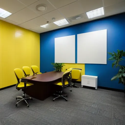 Prompt: lonely office room with yellow walls, beige carpet and tiled ceiling