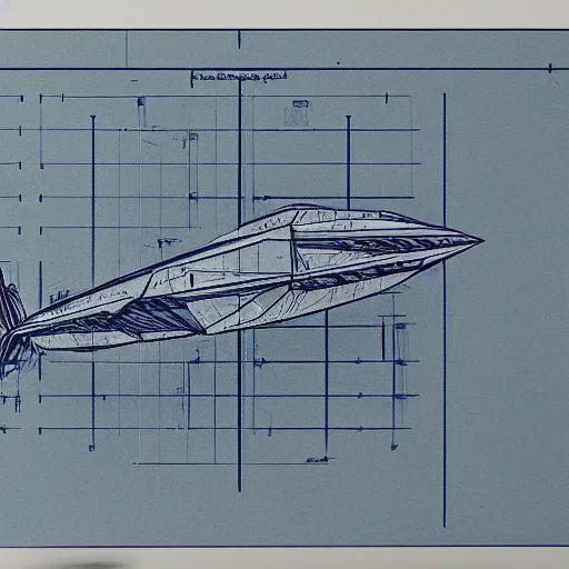 Image similar to blueprint of spaceship, technical drawing on blue paper, centered, studio lighting, 8 k