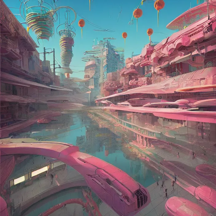 Image similar to chinatown, science fiction, extremely detailed, sharp focus, pastel colors, intricate, hard light, illustration, volumetric lighting, digital painting, by roger dean, by santiago calatrava, by simon stalenhag