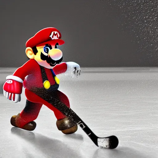 Image similar to super mario playing hockey, highly detailed, extremely high quality, hd, 4 k, 8 k, canon 3 0 0 mm, professional photographer, 4 0 mp, lifelike, top - rated, award winning, realistic, detailed lighting, detailed shadows, sharp, no blur, edited, corrected, trending