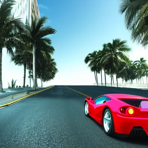 Image similar to a 3D render depicting Outrun videogame. Car from behind. Red Ferrari. Palm trees. Horizon. Unreal Engine. Octane Render. Vray. Arnold Render. Car Shader. 80s Videogame. infinite road. audience around the road. Miami