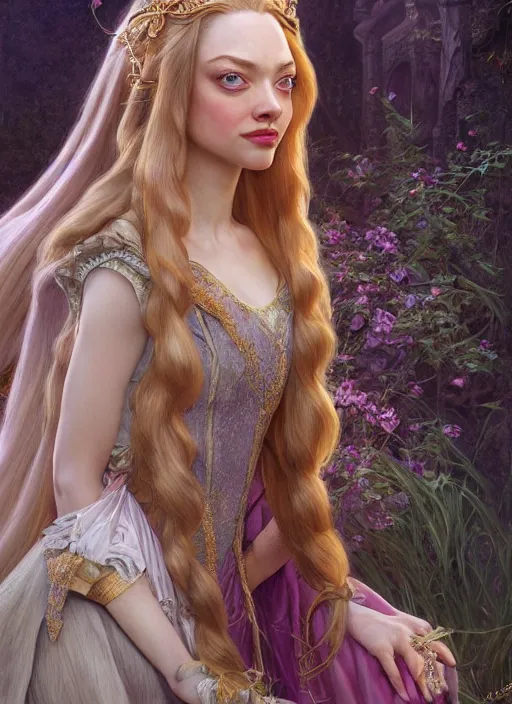 Image similar to amanda seyfried as the rapunzel princess, d & d, fantasy, intricate, elegant, highly detailed, digital painting, artstation, concept art, matte, sharp focus, illustration, art by artgerm and greg rutkowski and alphonse mucha, masterpiece, stunning, artstation