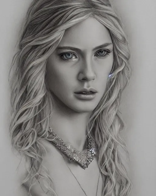 Image similar to pencil drawing of a beautiful greek goddess aphrodite with arrowhead jewelry, beautiful piercing eyes, beautiful blonde hair, hyper realistic face, in the style of greg rutkowski, fantasy, amazing detail, epic, elegant, smooth, sharp focus, from the front