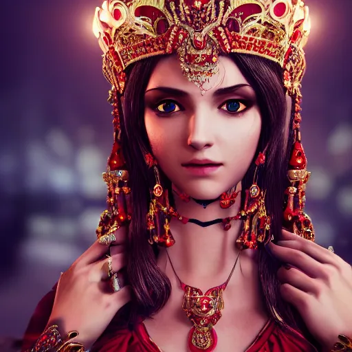 Image similar to photograph of wonderful princess with smooth fair skin, alluring eyes, red jewelry, breathtaking, elegant, ornate, intricate, hyper detailed, accent lighting, dramatic light, 4 k octane render