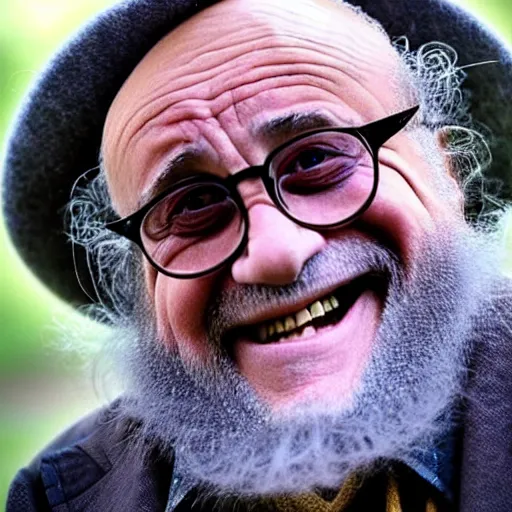 Image similar to danny devito as an old druid wizard, bald, bushy grey eyebrows, long grey hair, disheveled, wise old man, wearing a grey wizard hat, wearing a purple detailed coat, a bushy grey beard, sorcerer, he is a mad old man, laughing and yelling