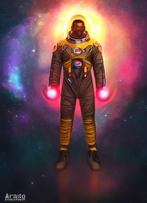 Image similar to handsome black man in an advanced spacesuit in front of exploding nebulae halos, digital illustration trending on artstation by artgerm and rutkowski