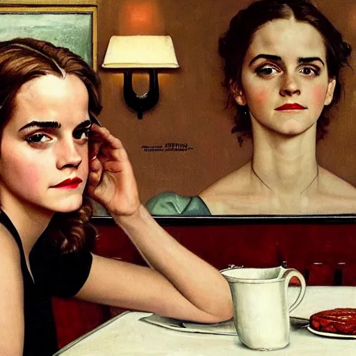 Image similar to Emma Watson at a diner, head and shoulders portrait, extremely detailed masterpiece, Roger Deakin’s cinematography, oil on canvas, Norman Rockwell.