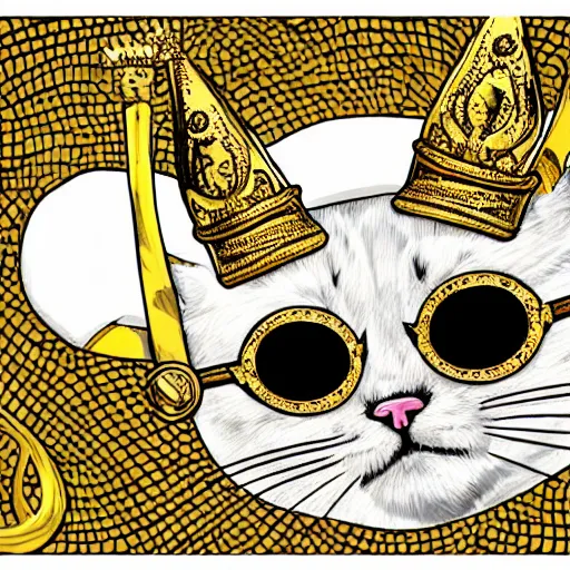 Image similar to a cartoon art of a white cat wearing a golden crown and black goggles