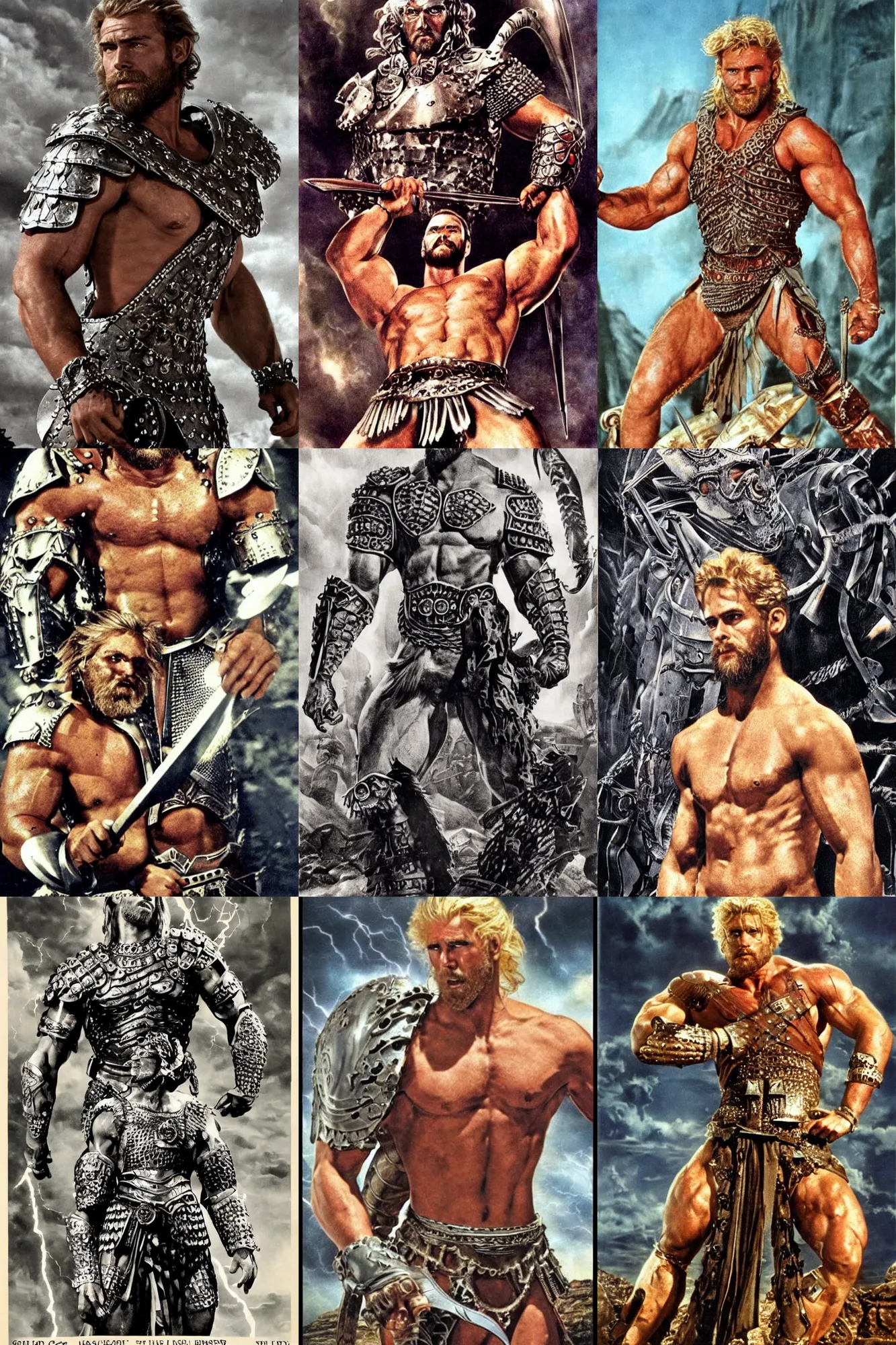 Prompt: heavily scarred gigachad, hercules, with slick blonde beard, straight short hair, huge glistening muscles, many scars, wearing intricate silver armour. cinematic lightning. ray harryhausen movie poster.