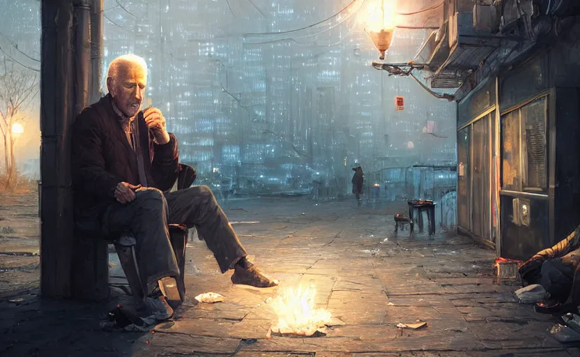 Prompt: highly detailed portrait of joe biden as a homeless, in the game cyberpunk, stephen bliss, unreal engine, fantasy art by greg rutkowski, loish, rhads, ferdinand knab, makoto shinkai and lois van baarle, ilya kuvshinov, rossdraws, tom bagshaw, global illumination, radiant light, detailed and intricate environment