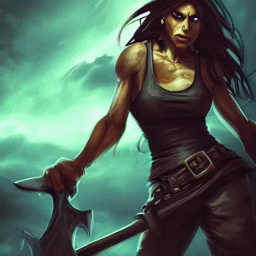 Image similar to a strong pirate woman in a sleeveless vest, angry, black lines running up her arms like veins, fighting, holding an axe of shadows, storm clouds in the background, long dark hair, character art, full body art, Dungeons and Dragons, D&D, trending on artstation, artgerm, 4k ultra hd, sharp focus, digital art by Ilya Kuvshinov and Ross Tran,