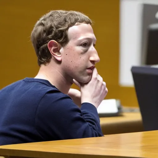 Image similar to disappointed mark zuckerberg on his trial at the hague