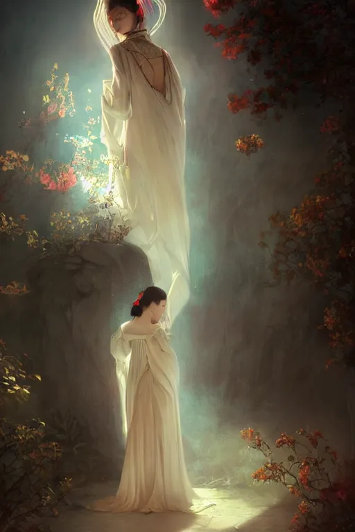 Prompt: chinese princess in long flowy dress, from backside, up shot, highly detailed art, cinematic atmosphere, volumetric lighting, glow, by wlop, by le vuong, by tom bagshaw