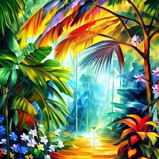 Image similar to a jungle temple surrounded by beautiful tropical flowers and plants, by leonid afremov